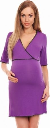 Be MaaMaa Těhotenská, kojící noční košile s krajkovým lemováním, kr. rukáv - fialová, Velikosti těh. moda S/M - obrázek 1