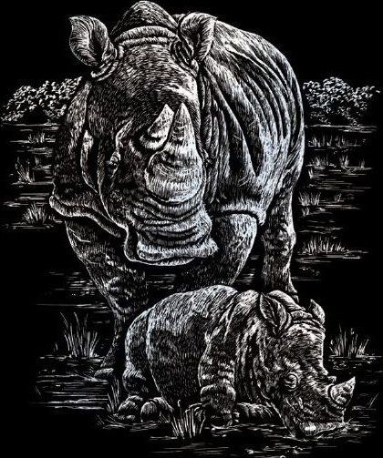 ROYAL & LANGNICKEL Škrabací obrázek - Nosorožec s mládětem (stříbrný) - obrázek 1