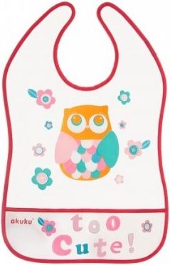 AKUKU Plastový bryndák/zástěrka s kapsičkou Owl - malinový - obrázek 1