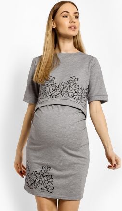 Be MaaMaa Elegantní těhotenské šaty, tunika s výšivkou, kr. rukáv - šedé (kojící) - obrázek 1