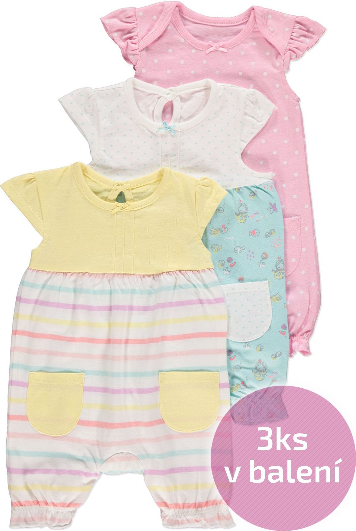 Kojenecký letní overal GEORGE, 3ks v balení, motiv morská víla Velikost: 62 - 68cm (3 - 6 měsíců) - obrázek 1