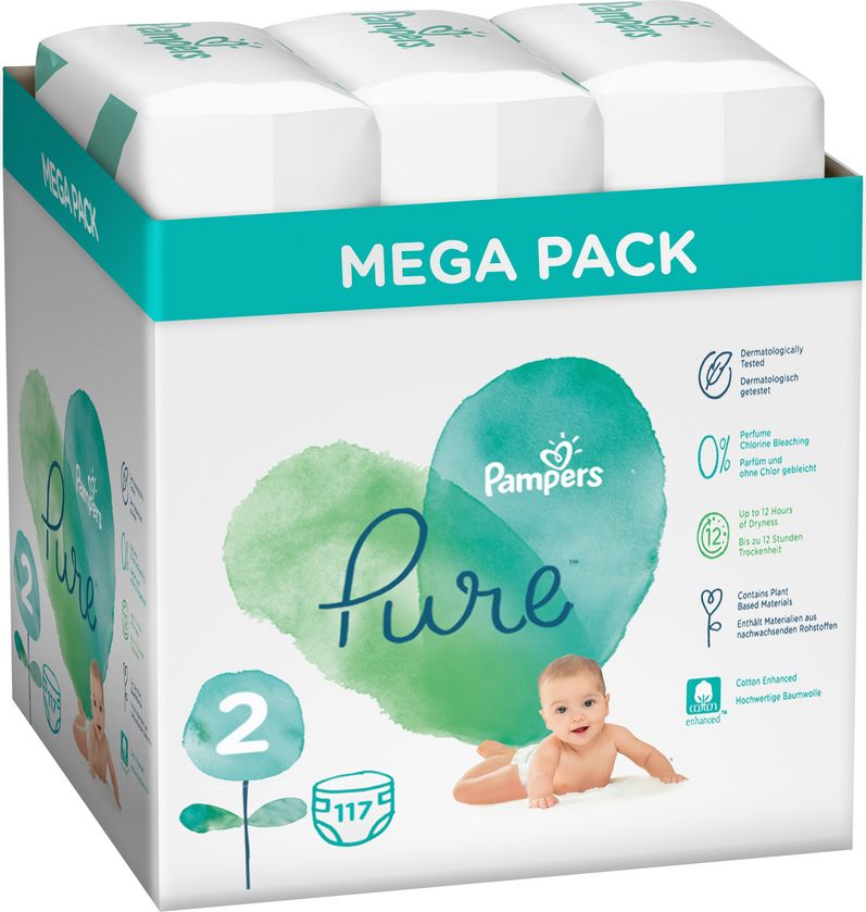 PAMPERS Pure Protection S2, 117 ks (4-8 kg) – jednorázové pleny - obrázek 1