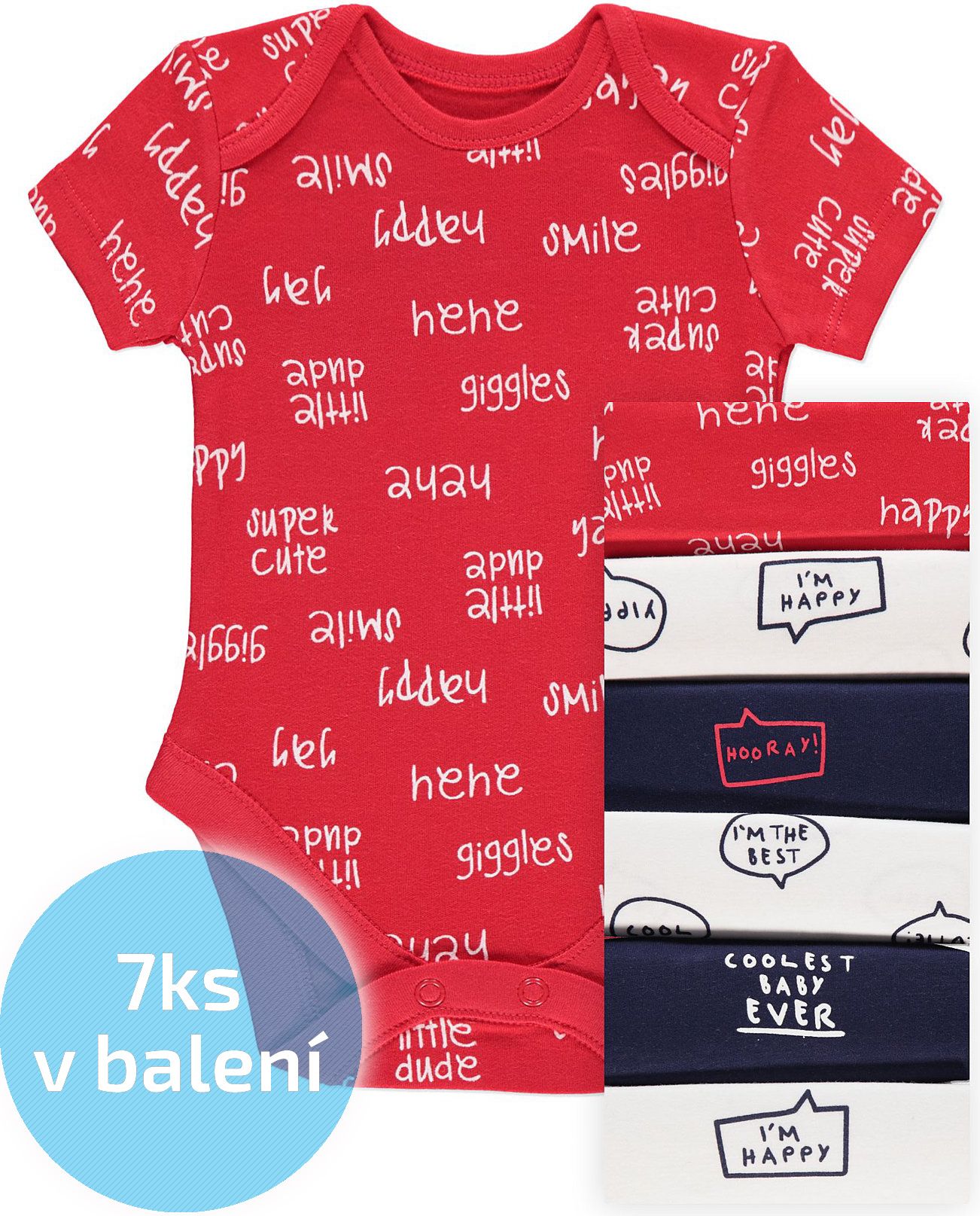 Kojenecké body GEORGE, 7ks v balení, krátký rukáv, motiv slogany Velikost: 80 - 86cm (12 - 18 měsíců) - obrázek 1