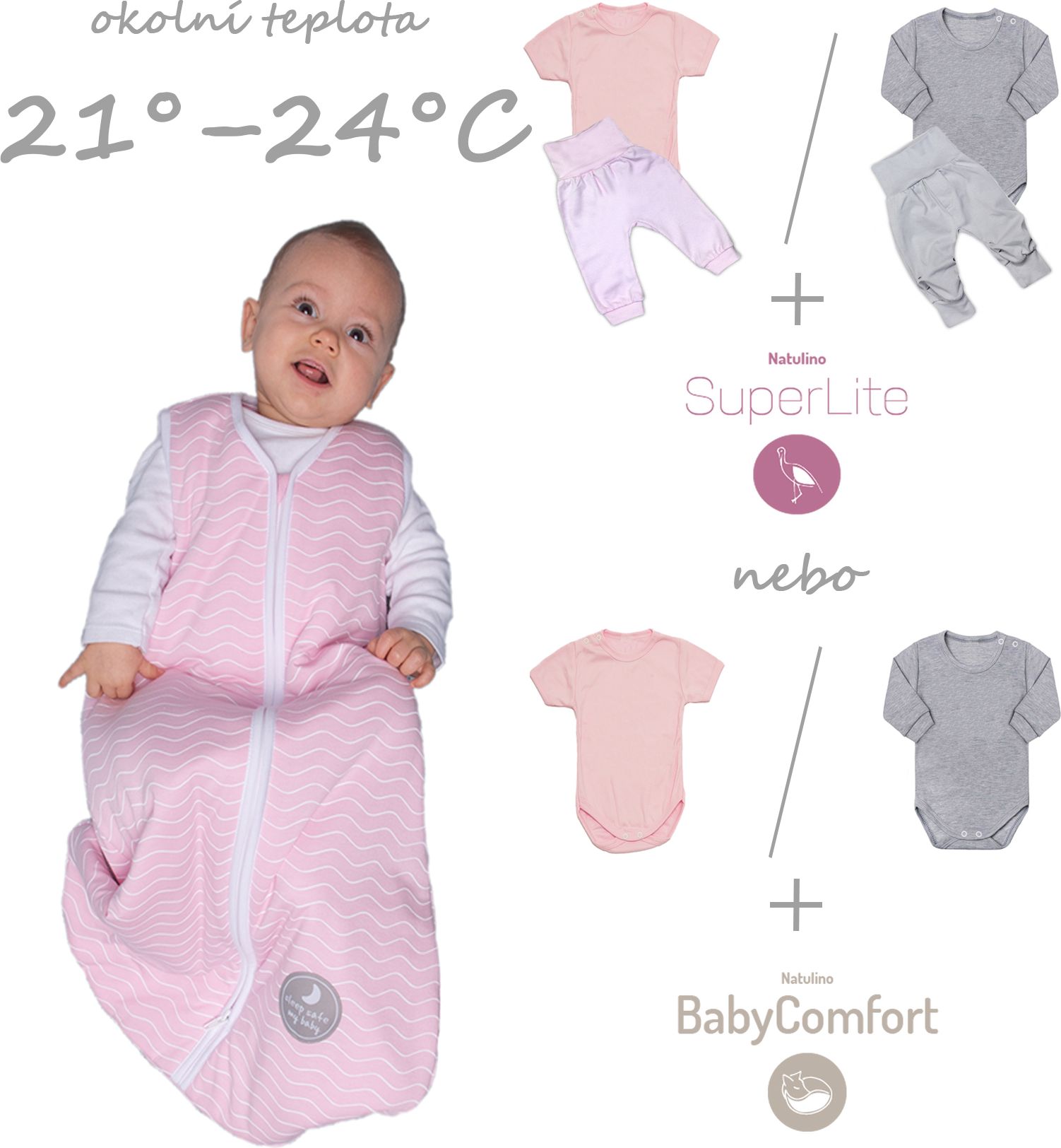 Natulino dětský spací pytel pro miminko, NATURAL PINK /WARM GREY, 2vrstvý, L (12 - 18 měsíců) - obrázek 2