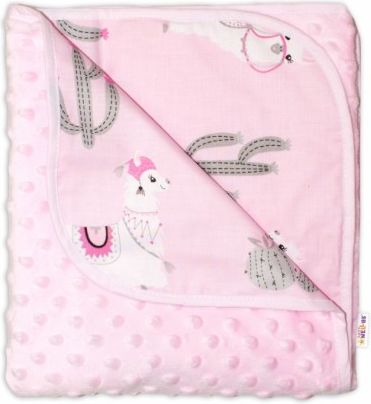 Baby Nellys Luxusní bavlněná dečka s minky 100x75cm, Lama - růžová - obrázek 1