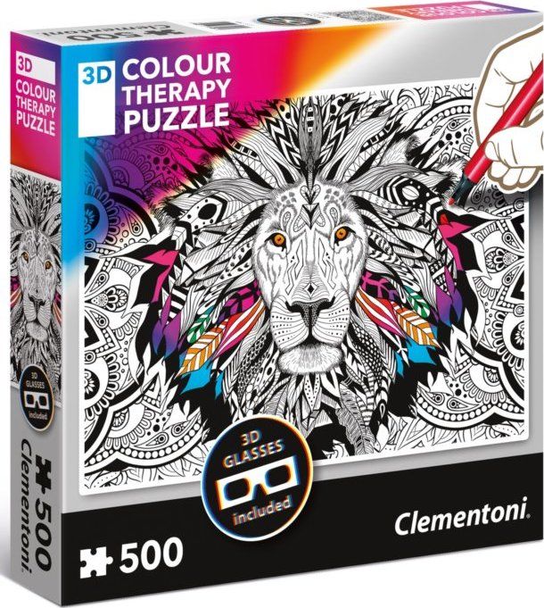 CLEMENTONI Colour Therapy puzzle Lev 500 dílků + 3D brýle - obrázek 1