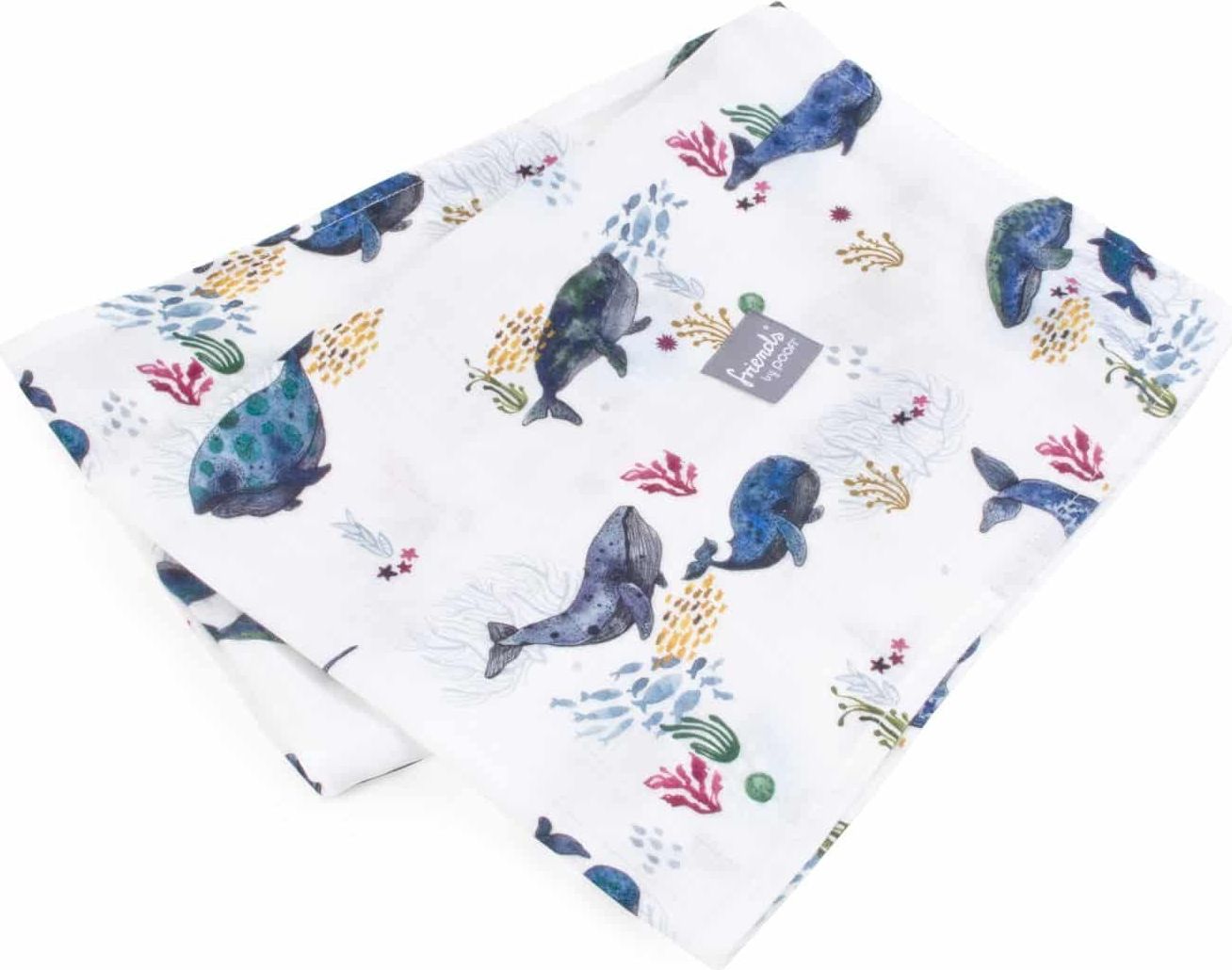 POOFI Bambusová plenka  bílá OCEAN s potiskem Velrybou; 73 × 73 cm; 1 ks  zavin. 0 - 25kg - obrázek 1