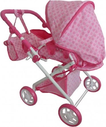 Dětský kočárek pro panenky 2v1 Baby Mix růžový s kytičkami, Růžová - obrázek 1