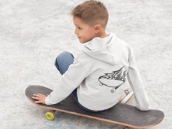 KIDSBEE Stylová dětská klučičí mikina s kapucí Skateboard - sv. šedá, vel. 146 - obrázek 1
