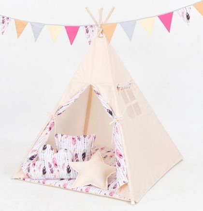 Mamo Tato Stan pro děti teepee, týpí bez výbavy - béžový / růžová pírka - obrázek 1