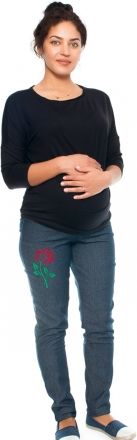 Be MaaMaa Těhotenské kalhoty/jeans s potiskem růže, granátové, vel. S - obrázek 1