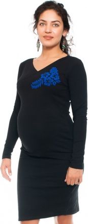 Be MaaMaa Bavlněné  těhotenské a kojící šaty s potiskem květin  - černé, vel. L - obrázek 1