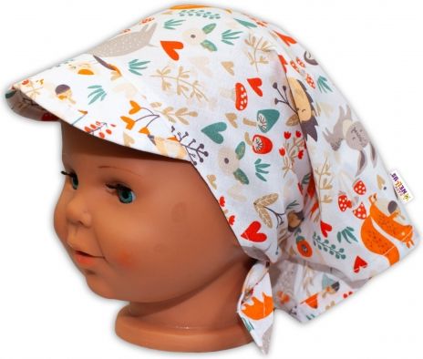 Baby Nellys Dětský šátek s kšiltem na zavazování Les - bílý - obrázek 1