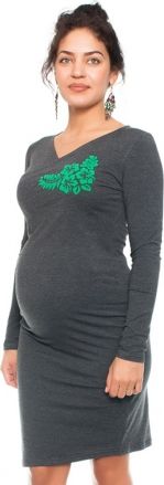 Be MaaMaa Bavlněné  těhotenské a kojící šaty s potiskem květin  - grafit, vel. S - obrázek 1