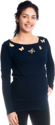 Těhotenské, kojící triko/halenka dl. rukáv s potiskem motýlků - granátové, vel. L - obrázek 1