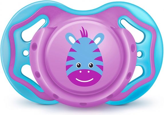 BAYBY BAYBY Ortodontický silikonový dudlík 6m+ s krytem Zebra - fialová/modrá - obrázek 1
