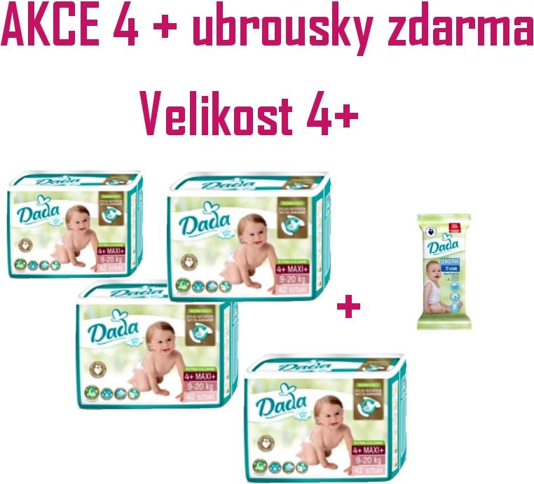 4x DADA Extra soft vel. 4+ (168ks) + Vlhčené ubrousky ZDARMA - obrázek 1