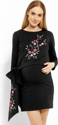 Be MaaMaa Elegantní těhotenské šaty, tunika s výšivkou a stuhou - černé (kojící) - obrázek 1