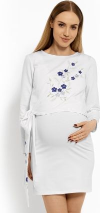 Be MaaMaa Elegantní těhotenské šaty, tunika s výšivkou a stuhou, L/XL - bílé (kojící) - obrázek 1