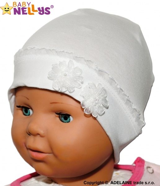 Baby Nellys Bavlněná čepička Kytičkami s krajkou Baby Nellys ® - bilá 38/42 čepičky obvod - obrázek 1