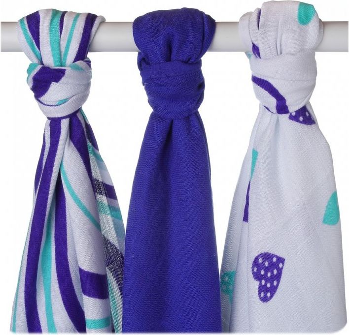KIKKO Bambusové pleny Hearts&Waves 70x70 (3 ks) – ocean blue - obrázek 1