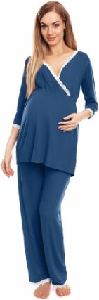 Be MaaMaa Těhotenské, kojící pyžamo s krajkovým lemováním - modré, vel. L/XL - obrázek 1