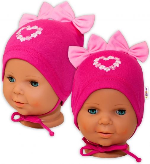 Baby Nellys Bavlněná čepička na zavazování Baby Nellys s mašličkami - tm. růžová, 40 -42cm 40/42 čepičky obvod - obrázek 1