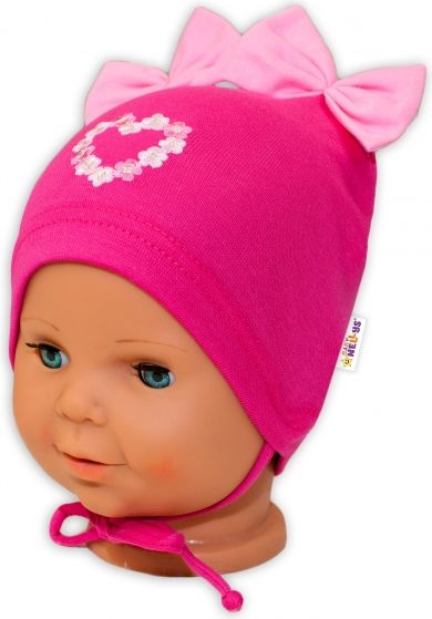 Baby Nellys Bavlněná čepička na zavazování Baby Nellys s mašličkami - tm. růžová, 40 -42cm 40/42 čepičky obvod - obrázek 2