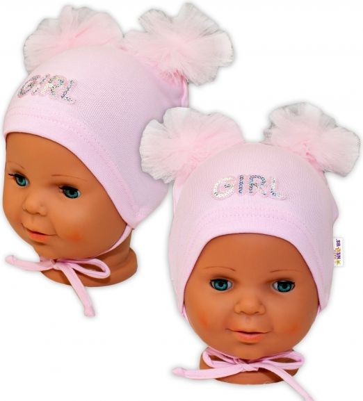 Baby Nellys Bavlněná čepička na zavazování Baby Nellys s mašličkami Tutu - sv. růžová, vel. 40 - 42cm 40/42 čepičky obvod - obrázek 1
