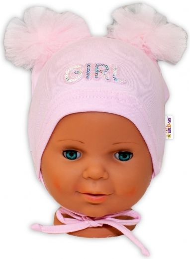 Baby Nellys Bavlněná čepička na zavazování Baby Nellys s mašličkami Tutu - sv. růžová, vel. 40 - 42cm 40/42 čepičky obvod - obrázek 2