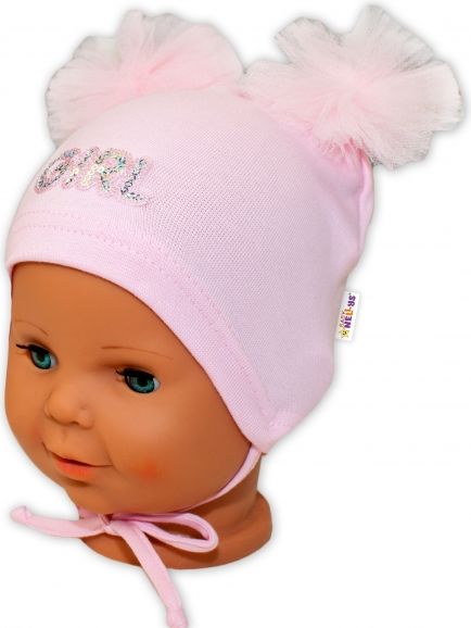 Baby Nellys Bavlněná čepička na zavazování Baby Nellys s mašličkami Tutu - sv. růžová, vel. 40 - 42cm 40/42 čepičky obvod - obrázek 3