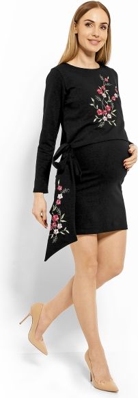 Be MaaMaa Be MaaMaa Elegantní těhotenské šaty, tunika s výšivkou a stuhou - černé, L/XL (kojící) - obrázek 3