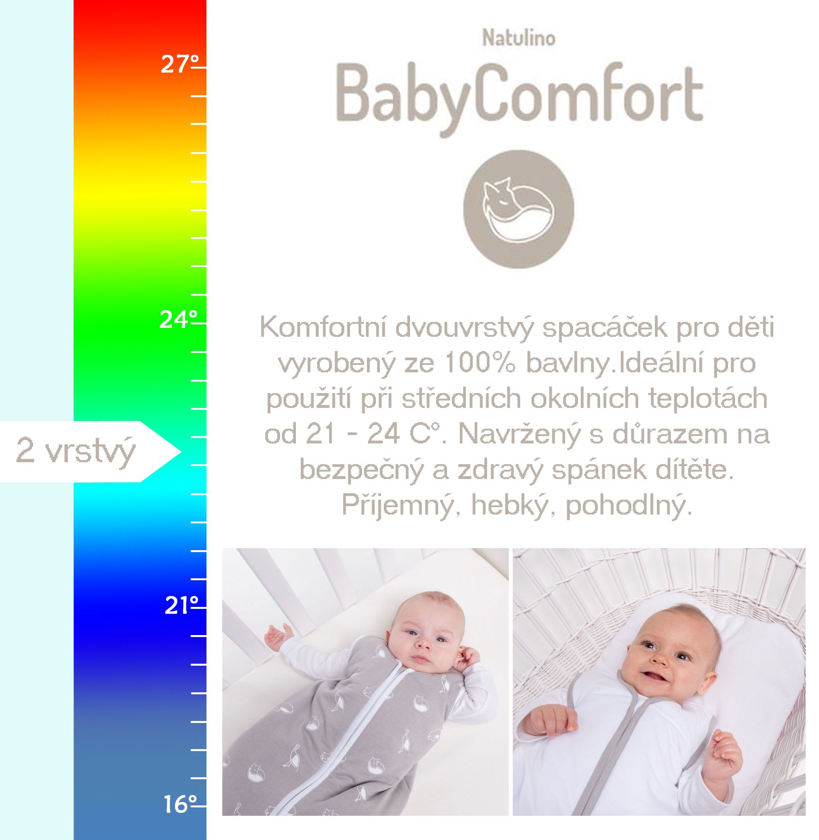 Natulino dětský spací pytel pro miminko, NATURAL MINT / WARM GREY,2vrstvý, S (0 - 6 měsíců) - obrázek 6