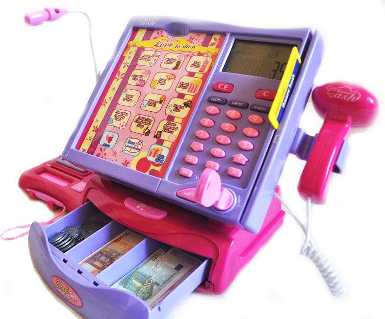 Dětská elektronická pokladna s dotykovým panelem a čtečkou - růžovo fialová - obrázek 1