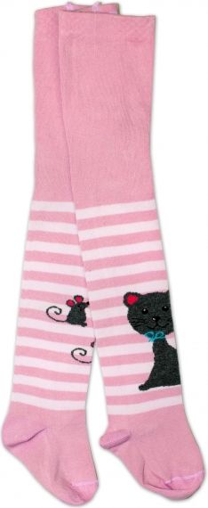 Baby Nellys Baby Nellys Bavlněné punčocháče - Cat růžové/ proužky, vel. 92/98 92 (18-24m) - obrázek 1