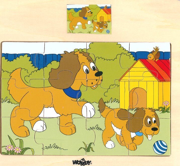 WOODY Dřevěné puzzle Pejsek se štěňátkem 12 dílků - obrázek 1