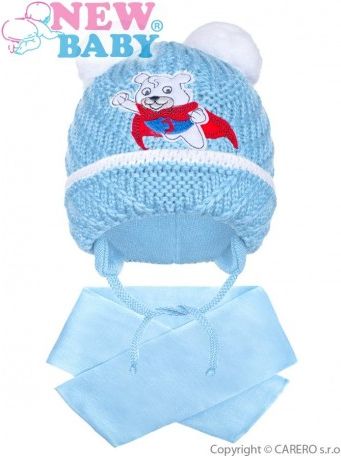 Zimní dětská čepička se šálou New Baby medvídek J světle modrá, Modrá, 104 (3-4r) - obrázek 1