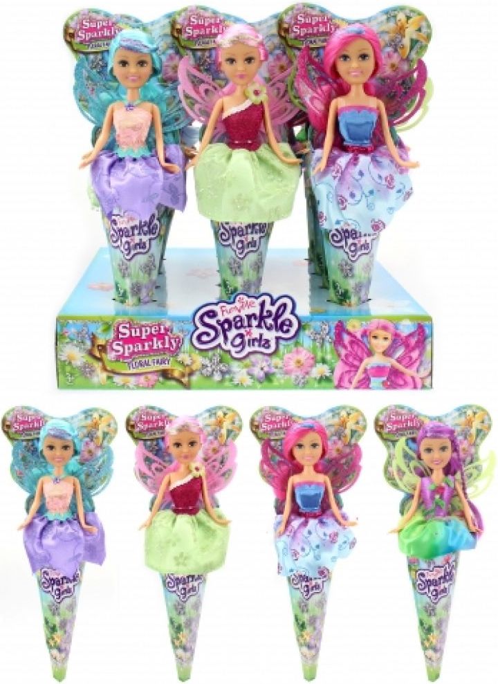 Funville Víla Sparkle Girlz květinová s křídly v kornoutu duhová sukně, fialové vlas,zelená křídla - obrázek 1