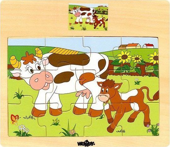 WOODY Dřevěné puzzle Kráva s telátkem 12 dílků - obrázek 1