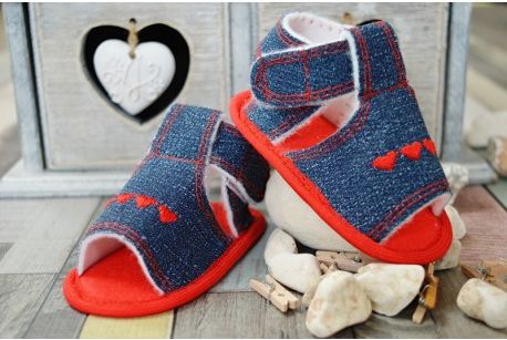 Jeansové capačky/sandálky LOLA BABY - jeans/červená, Velikost koj. oblečení 6/12měsíců - obrázek 1