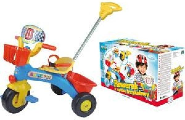 Mochtoys Tříkolka speedy žluto/modro/červená s vodící tyčí - obrázek 1