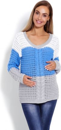 Be MaaMaa Těhotenský proužkovaný svetřík - modro/šedý, vzor: copánek - obrázek 1