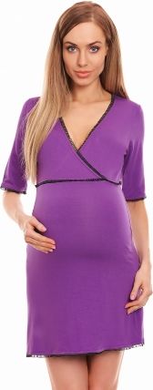 Be MaaMaa Těhotenská, kojící noční košile s krajkovým lemováním, kr. rukáv - fialová, L/XL - obrázek 1