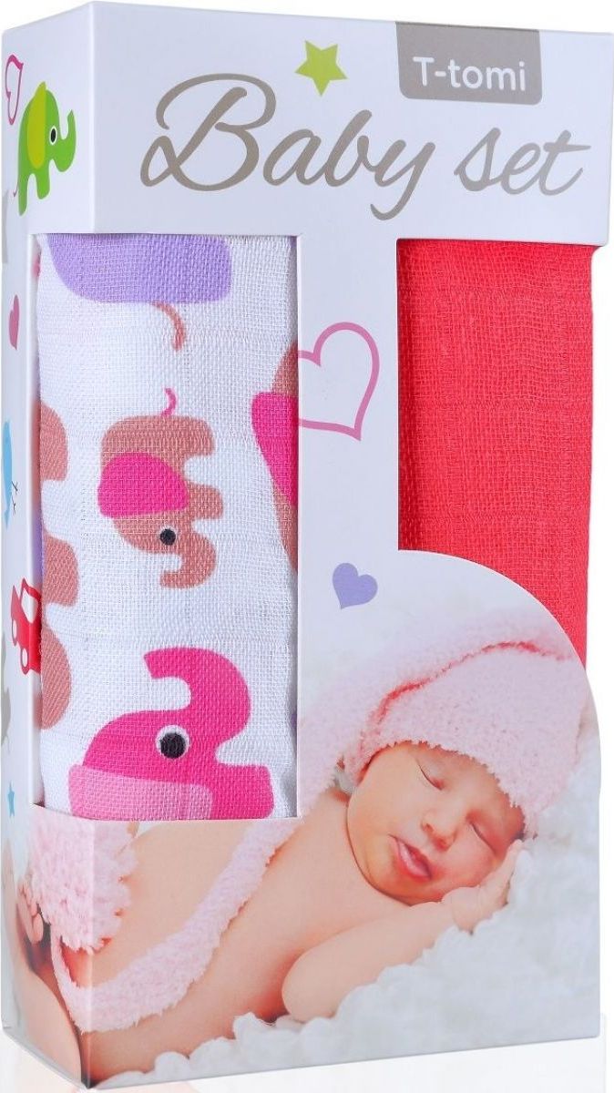 T-tomi Baby set: Bambusová BIO osuška růžoví sloni a Bambusová osuška růžová - obrázek 1
