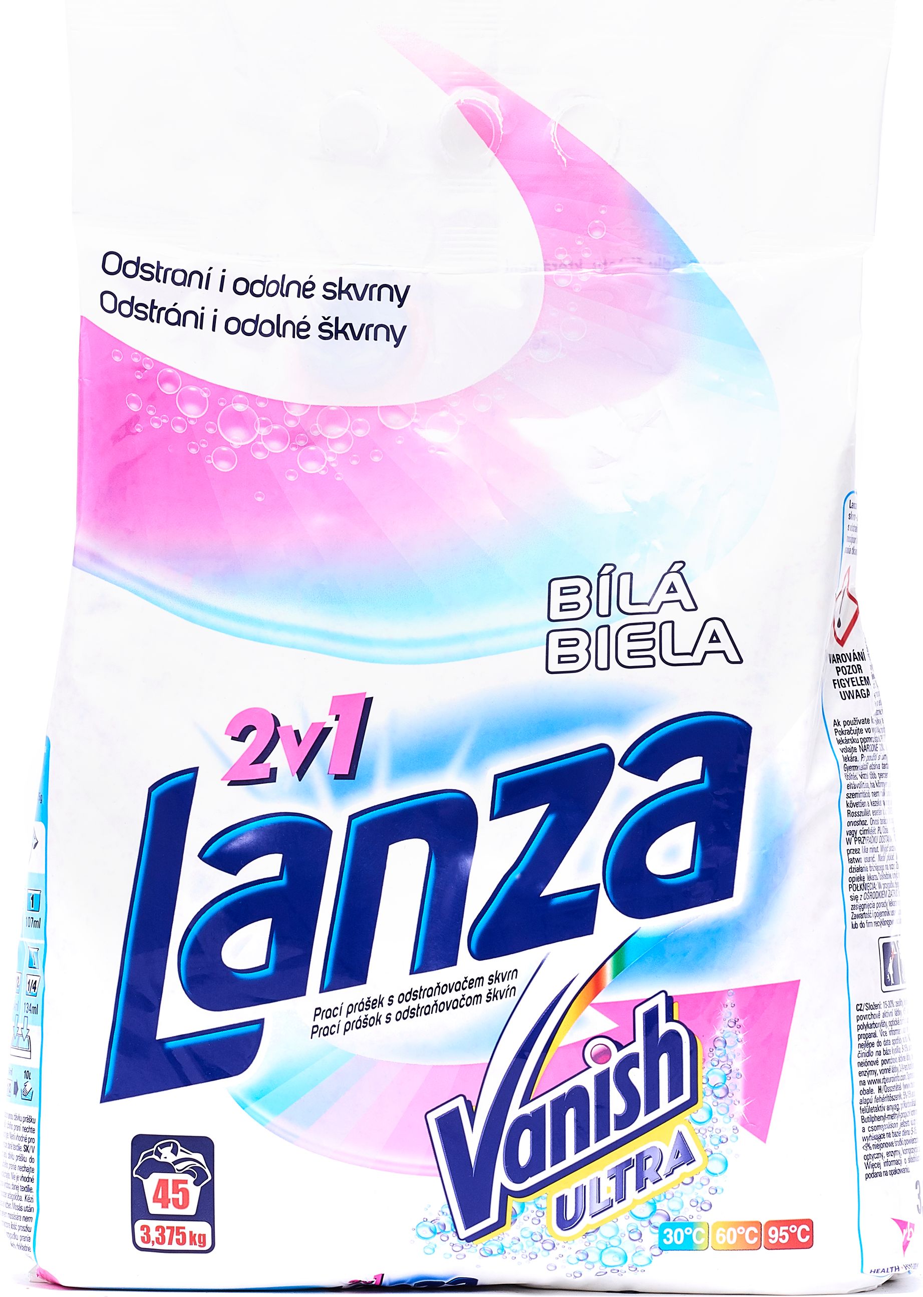 LANZA Vanish 2v1 na bílé prádlo 3,375 kg (45 praní) – prací prášek - obrázek 1