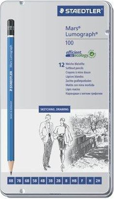 Grafitové tužky "Mars Lumograph", sada, 12 různých tvrdostí, šestihranná, v plechové krabičce, STAED, set 12 ks - obrázek 1