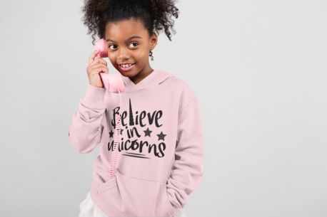 KIDSBEE Krásná dětská dívčí mikina s kapucí Believe in Unicorns - růžová, Velikost koj. oblečení 140 - obrázek 1