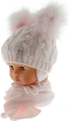 BABY NELLYS Zimní čepička s šálou - chlupáčkové bambulky - sv. růžová/sv. růžové - obrázek 1