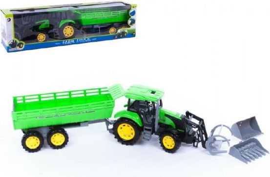 Zelený traktor s přívěsem a radlicí 3ks plast 80cm - obrázek 1