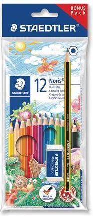 Barevné pastelky "Noris Club" sada+grafitová tužka a pryž, 12 různých barev, šestihranné, STAEDTLER, set 14 ks - obrázek 1